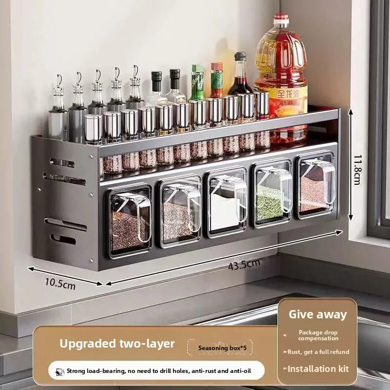 New Kitchen Spice Shelf Wall-mounted Spice Storage Rack Kitchen Seasoning Organizer Holder No Punching Required Storage Shelf
