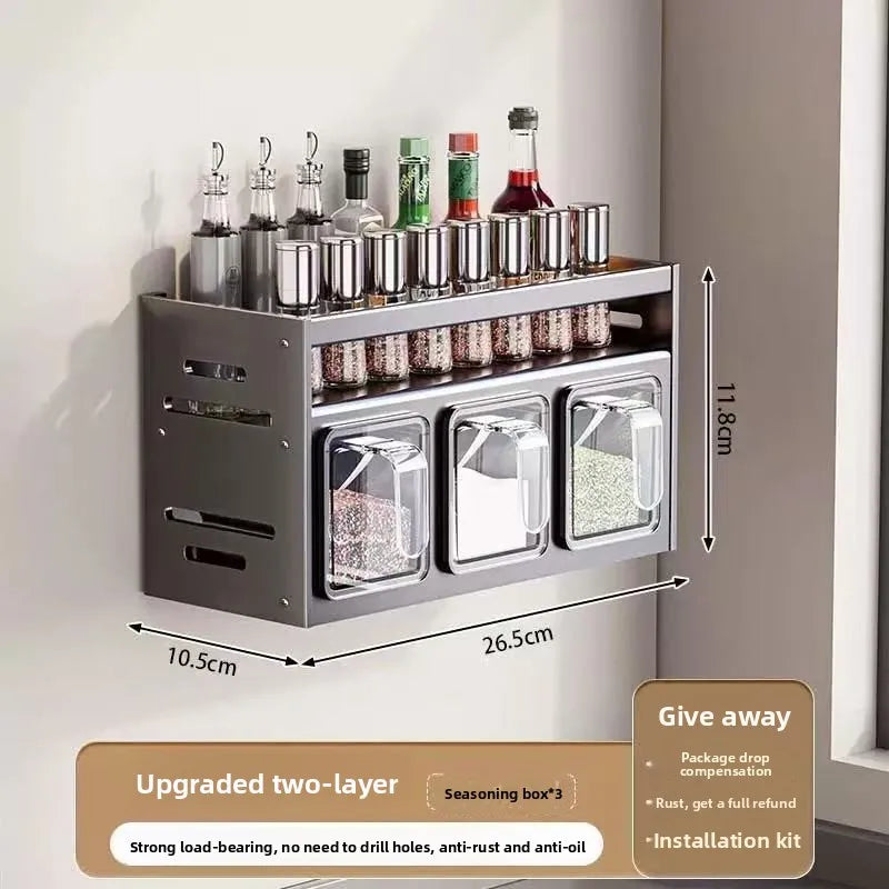 New Kitchen Spice Shelf Wall-mounted Spice Storage Rack Kitchen Seasoning Organizer Holder No Punching Required Storage Shelf
