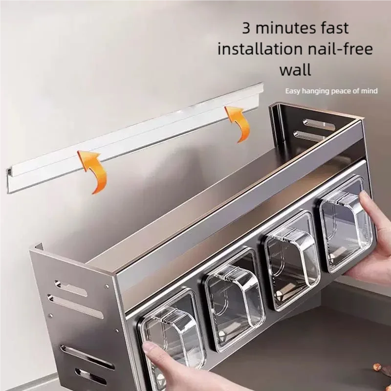 New Kitchen Spice Shelf Wall-mounted Spice Storage Rack Kitchen Seasoning Organizer Holder No Punching Required Storage Shelf
