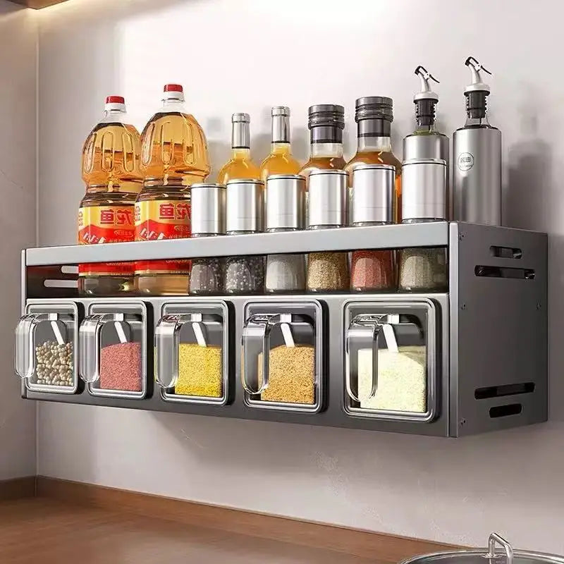 New Kitchen Spice Shelf Wall-mounted Spice Storage Rack Kitchen Seasoning Organizer Holder No Punching Required Storage Shelf