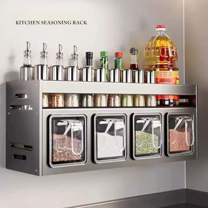 New Kitchen Spice Shelf Wall-mounted Spice Storage Rack Kitchen Seasoning Organizer Holder No Punching Required Storage Shelf