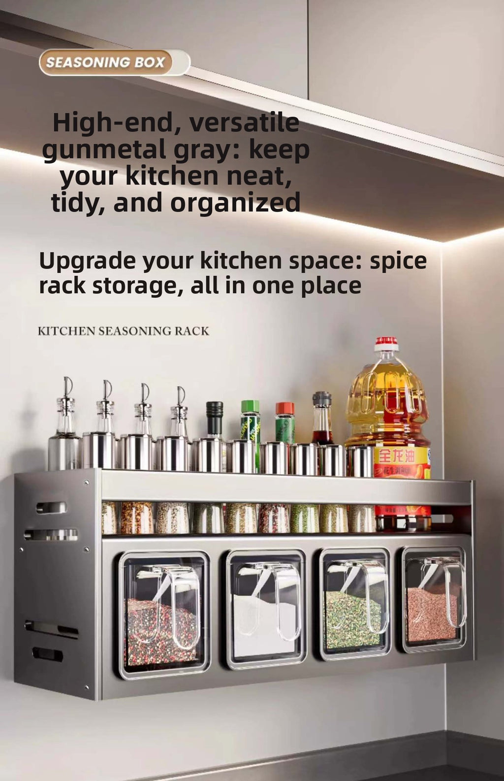 New Kitchen Spice Shelf Wall-mounted Spice Storage Rack Kitchen Seasoning Organizer Holder No Punching Required Storage Shelf