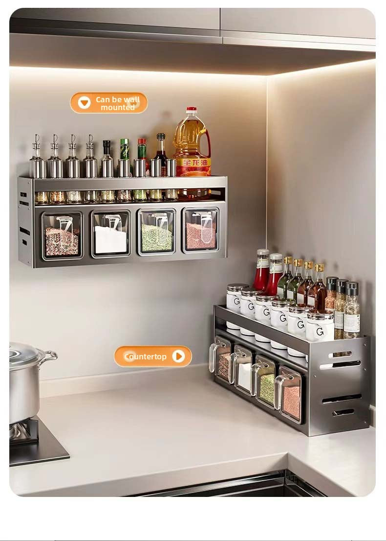 New Kitchen Spice Shelf Wall-mounted Spice Storage Rack Kitchen Seasoning Organizer Holder No Punching Required Storage Shelf