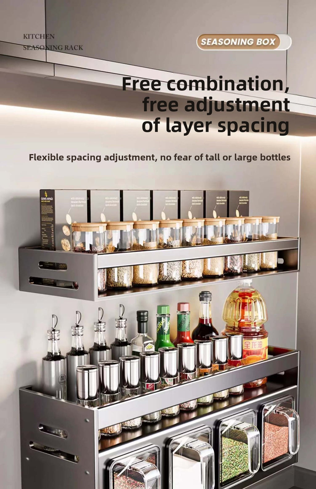 New Kitchen Spice Shelf Wall-mounted Spice Storage Rack Kitchen Seasoning Organizer Holder No Punching Required Storage Shelf