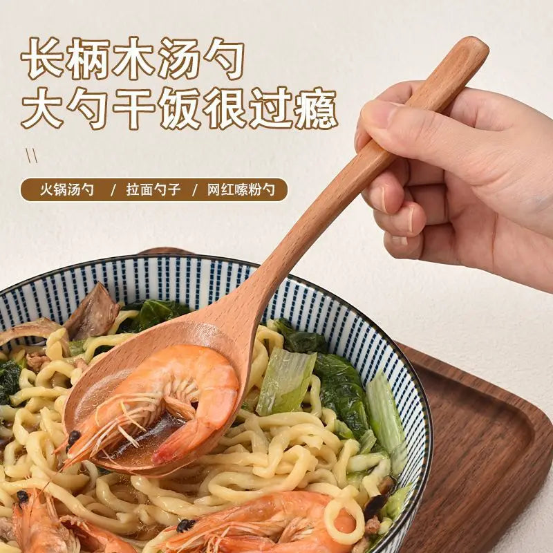 New Japanese Wooden Spoon Long Handle Large Round Soup Spoon Multifunctional Portable Spoon Tableware for Kitchen Tool