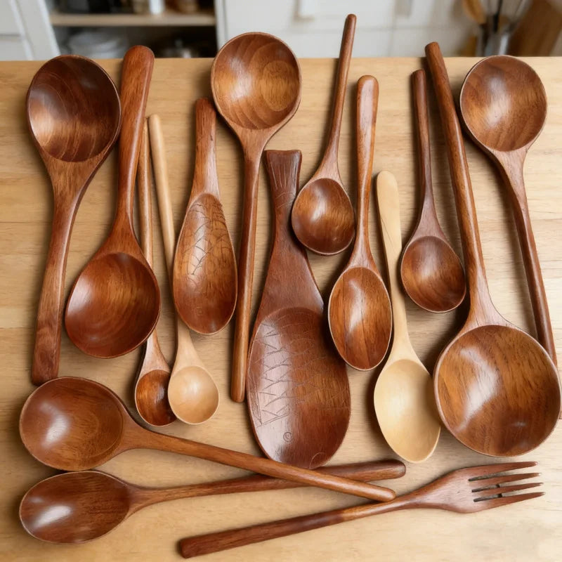 New Japanese Wooden Spoon Long Handle Large Round Soup Spoon Multifunctional Portable Spoon Tableware for Kitchen Tool