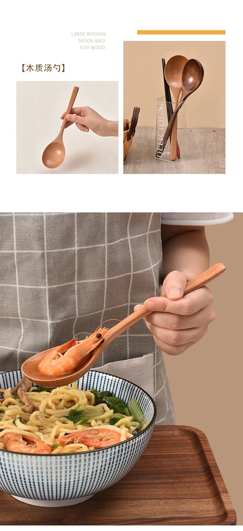 New Japanese Wooden Spoon Long Handle Large Round Soup Spoon Multifunctional Portable Spoon Tableware for Kitchen Tool