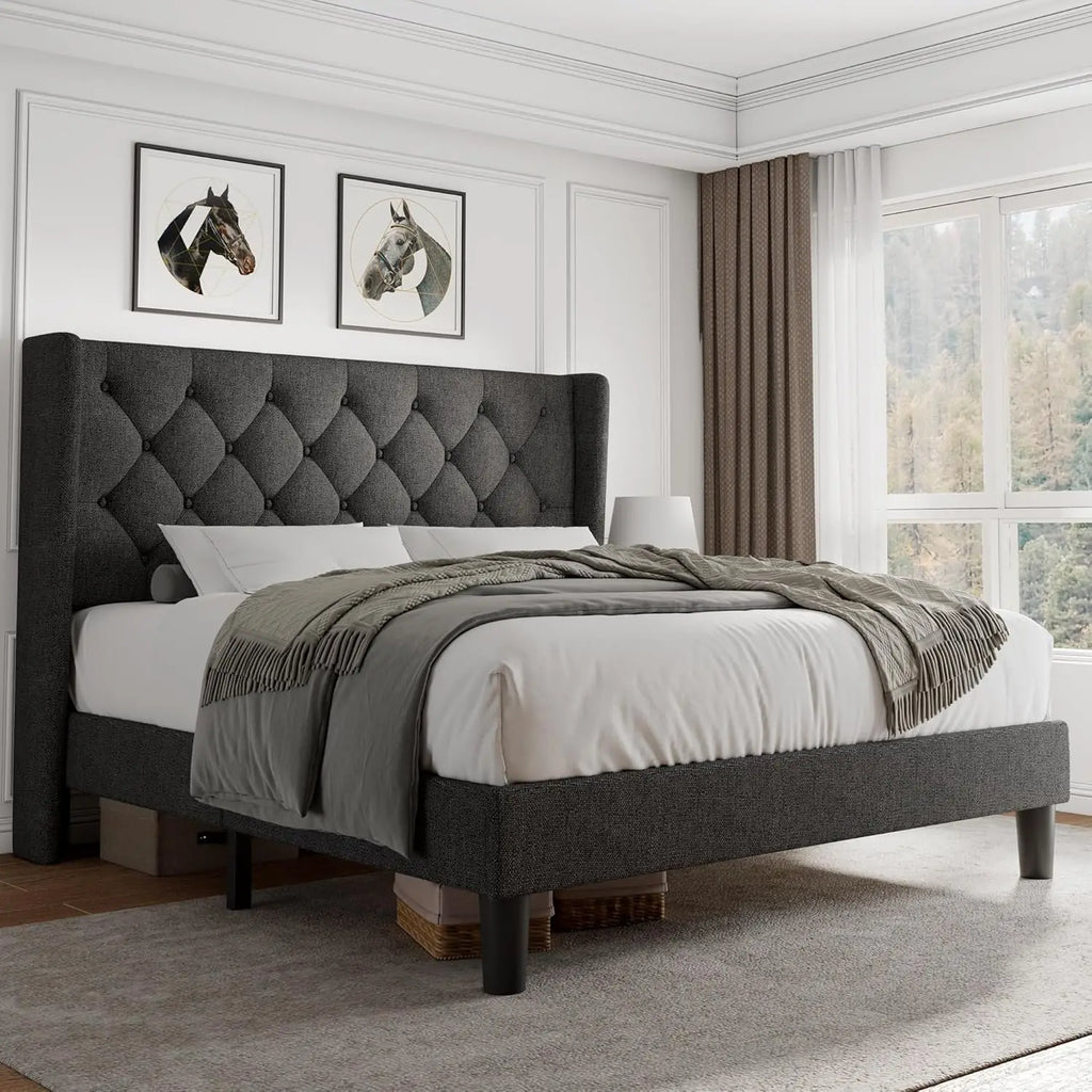 Queen Velvet Platform Bed Button Tufted Upholstered