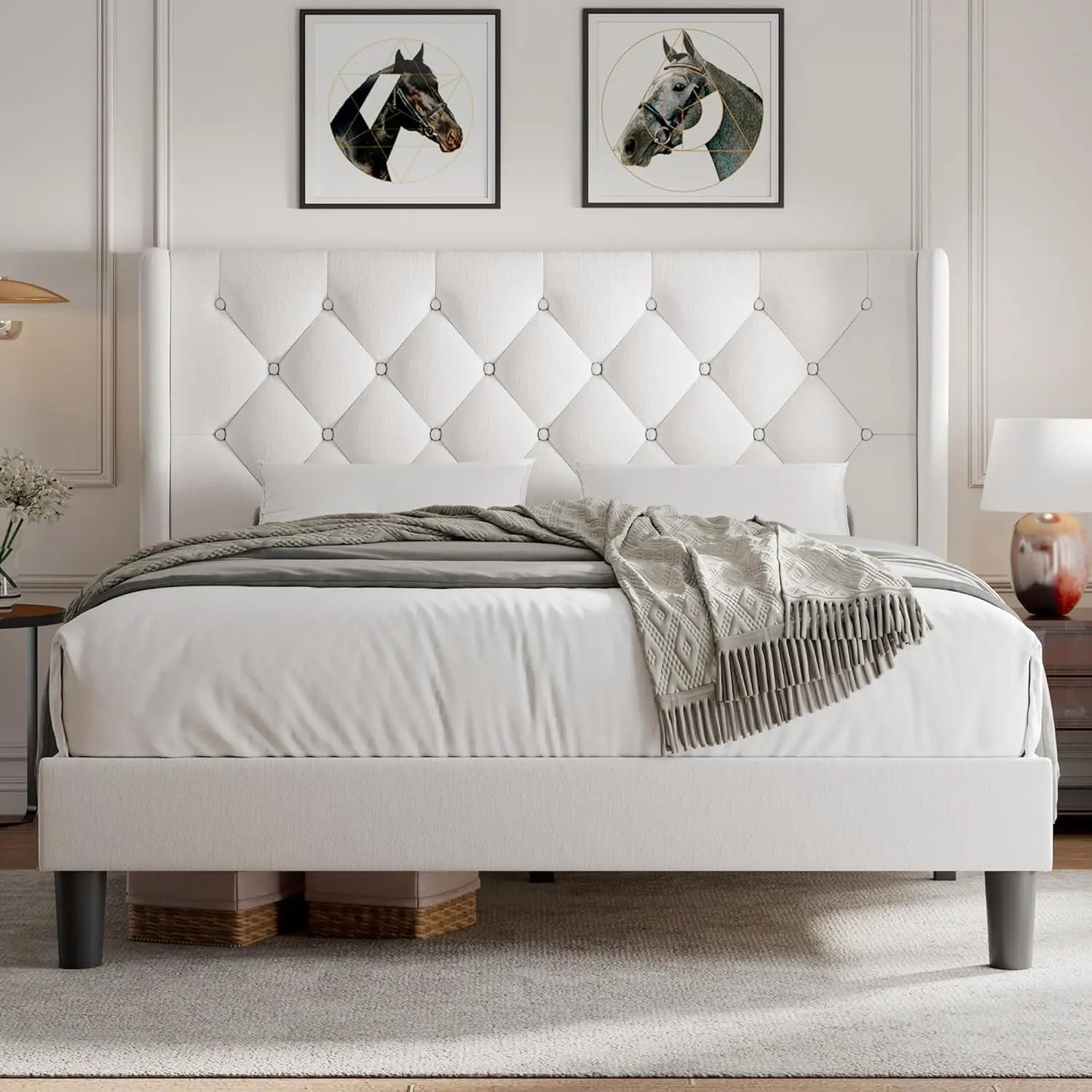 Queen Velvet Platform Bed Button Tufted Upholstered