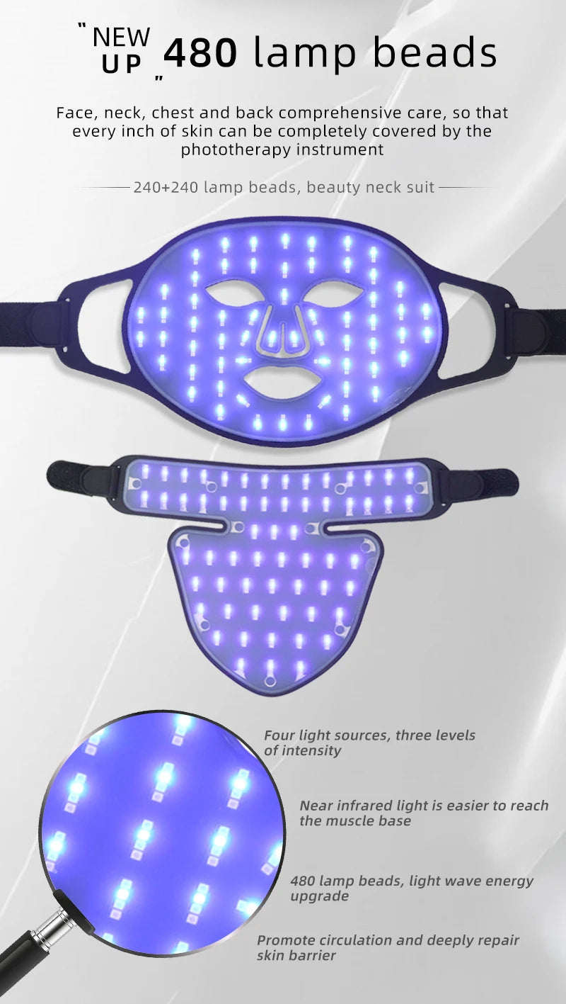 Led Red Light Therapy Facial Mask with Neck 4 Colors Silicone Infrared Red Light Therapy Face Mask for Skin Care Face Anti-aging