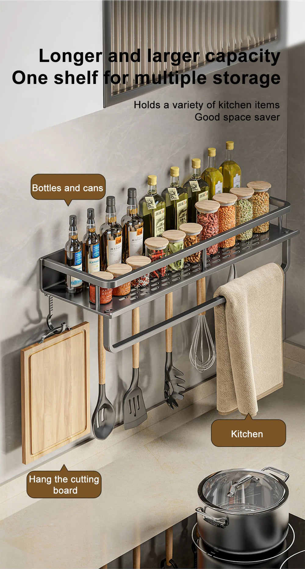 Wall-Mounted Kitchen Spice Rack Organizer Carbon Steel No Drilling 12-20 Inch Seasoning Holder Shelf for Easy Access to Spices