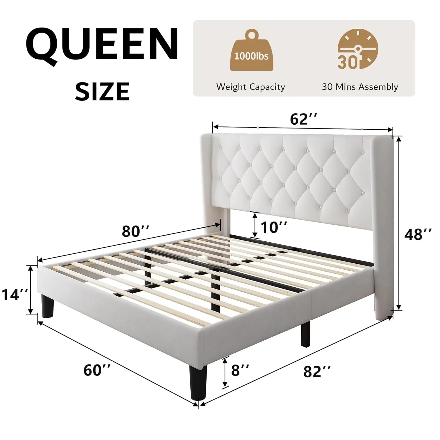 Queen Velvet Platform Bed Button Tufted Upholstered