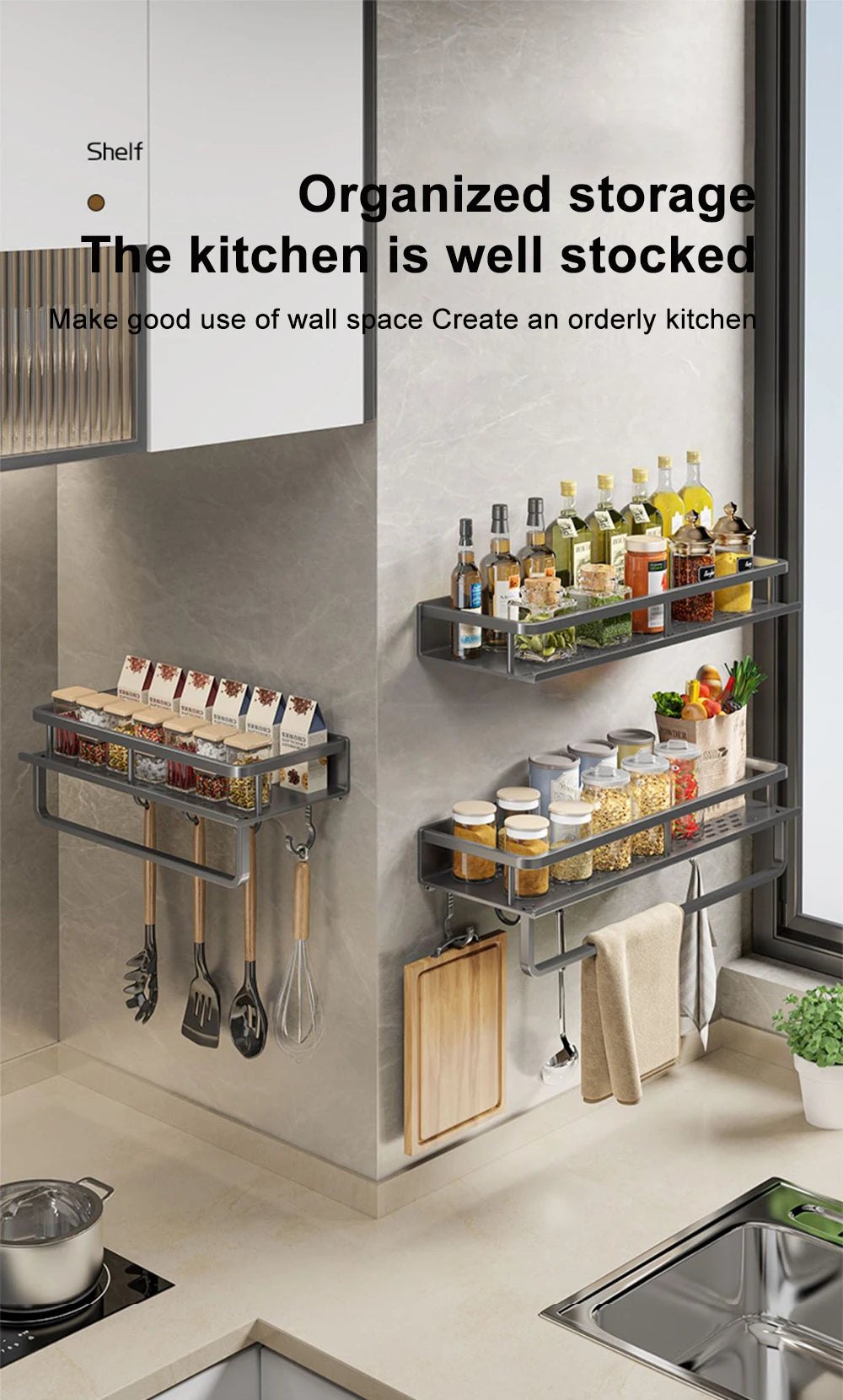 Wall-Mounted Kitchen Spice Rack Organizer Carbon Steel No Drilling 12-20 Inch Seasoning Holder Shelf for Easy Access to Spices