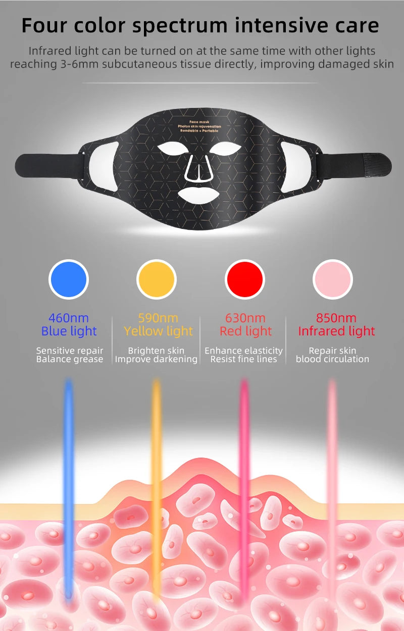 Led Red Light Therapy Facial Mask with Neck 4 Colors Silicone Infrared Red Light Therapy Face Mask for Skin Care Face Anti-aging