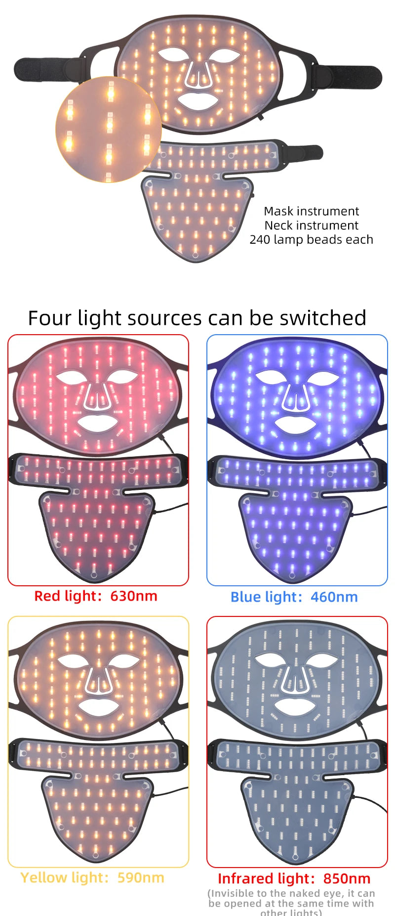 Led Red Light Therapy Facial Mask with Neck 4 Colors Silicone Infrared Red Light Therapy Face Mask for Skin Care Face Anti-aging