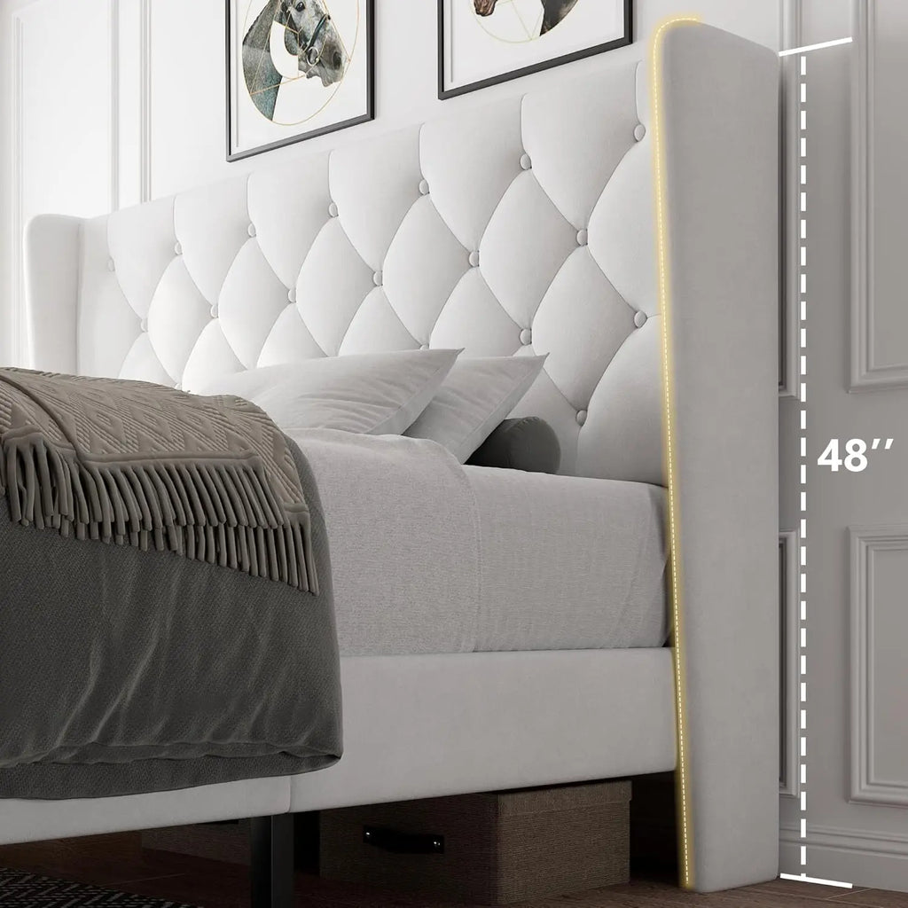 Queen Velvet Platform Bed Button Tufted Upholstered