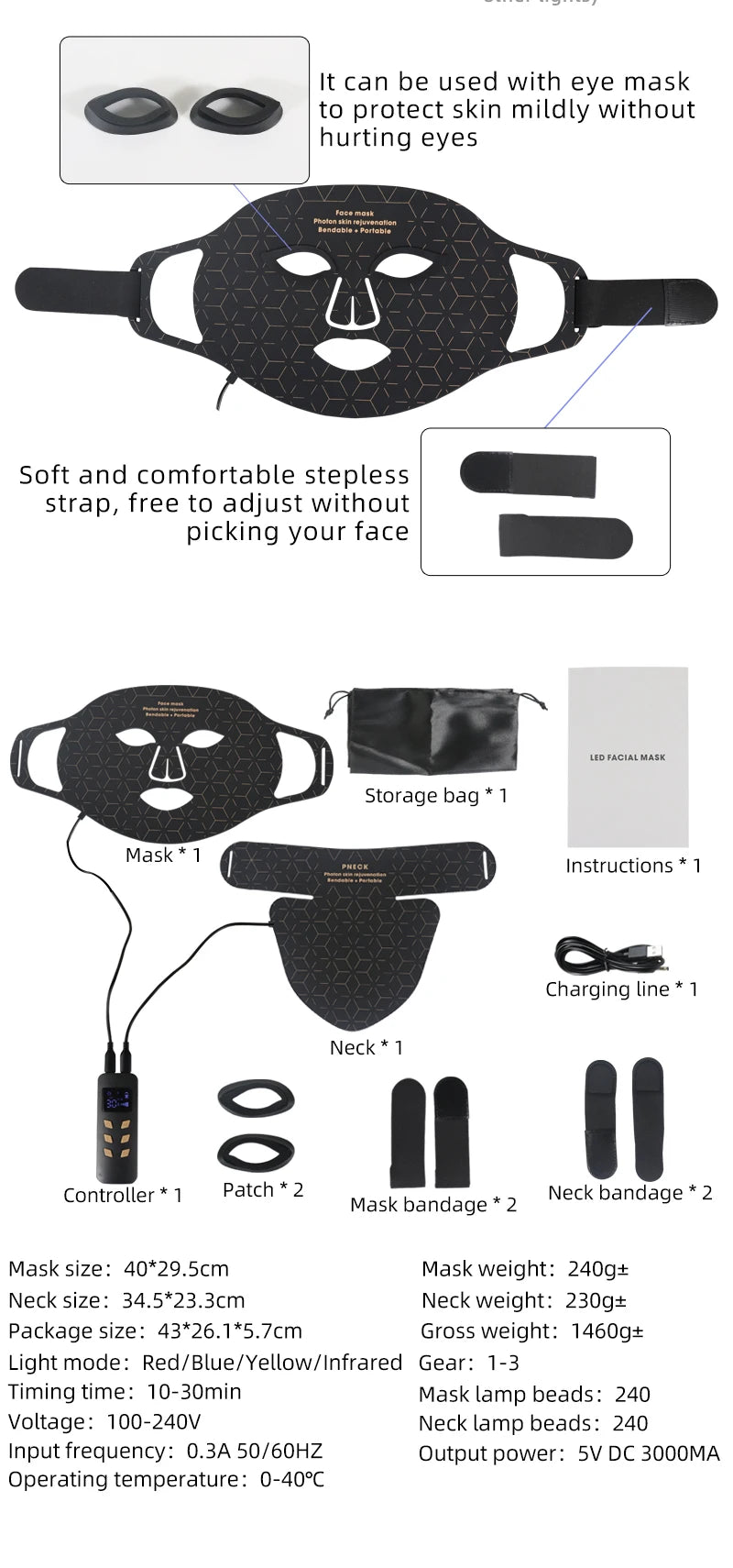 Led Red Light Therapy Facial Mask with Neck 4 Colors Silicone Infrared Red Light Therapy Face Mask for Skin Care Face Anti-aging