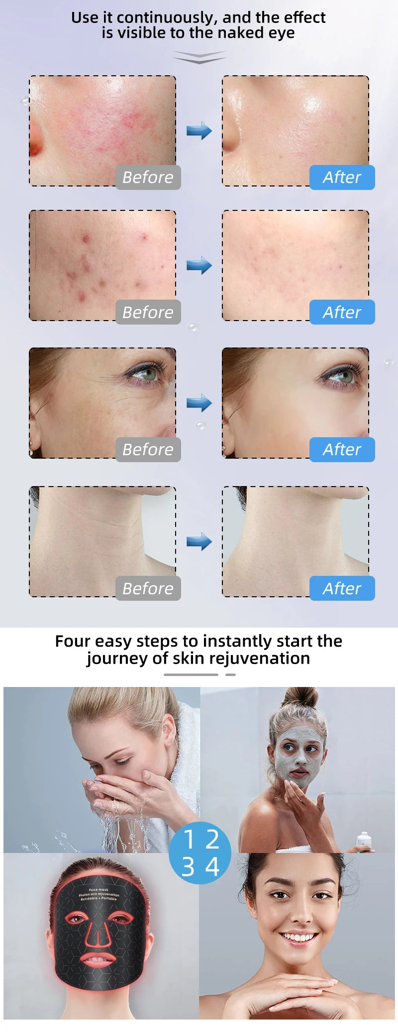 Led Red Light Therapy Facial Mask with Neck 4 Colors Silicone Infrared Red Light Therapy Face Mask for Skin Care Face Anti-aging