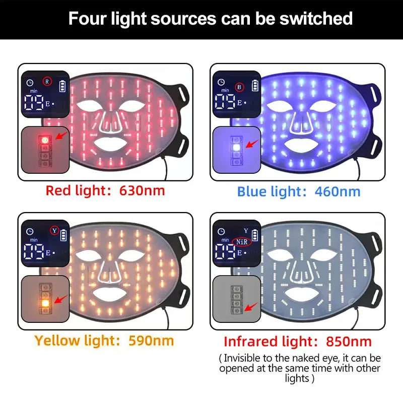 Led Red Light Therapy Facial Mask with Neck 4 Colors Silicone Infrared Red Light Therapy Face Mask for Skin Care Face Anti-aging