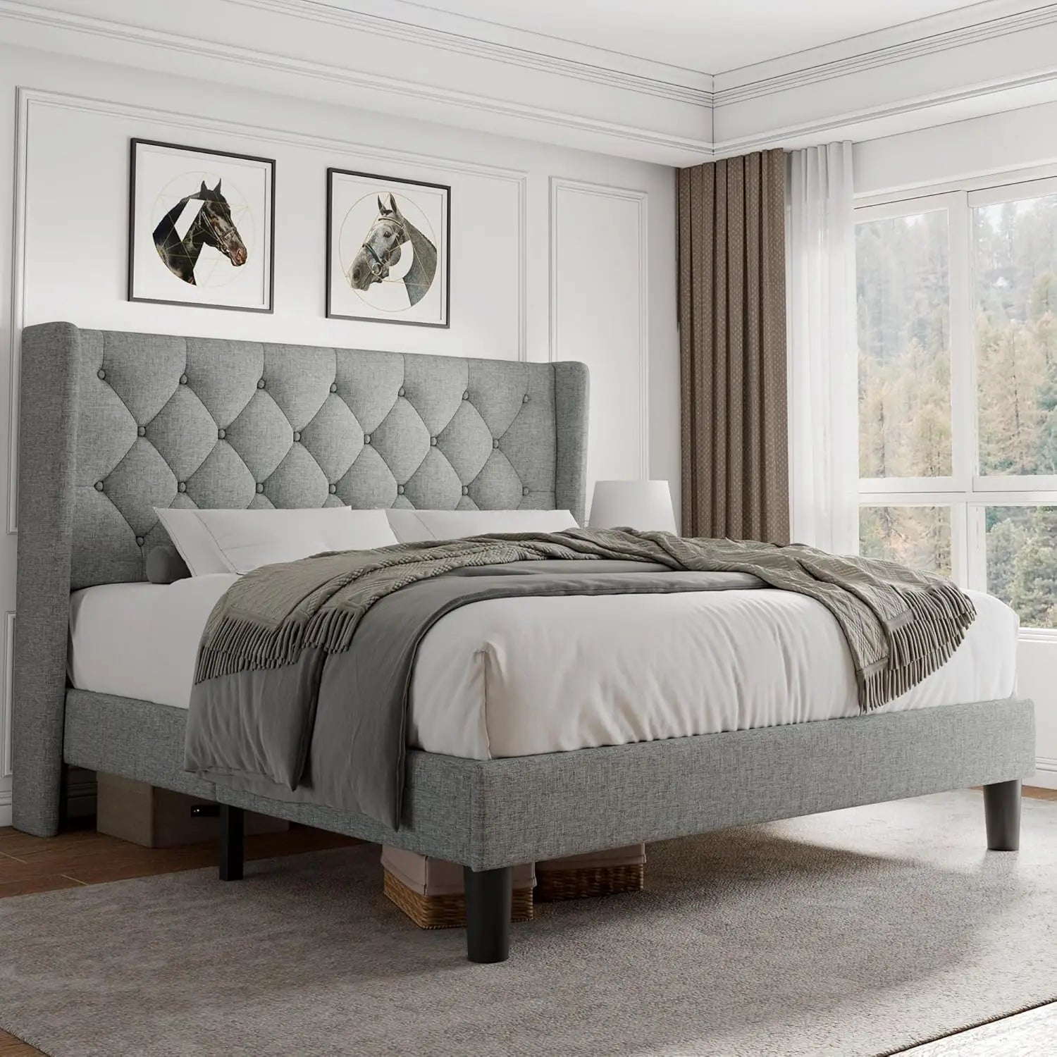 Queen Velvet Platform Bed Button Tufted Upholstered