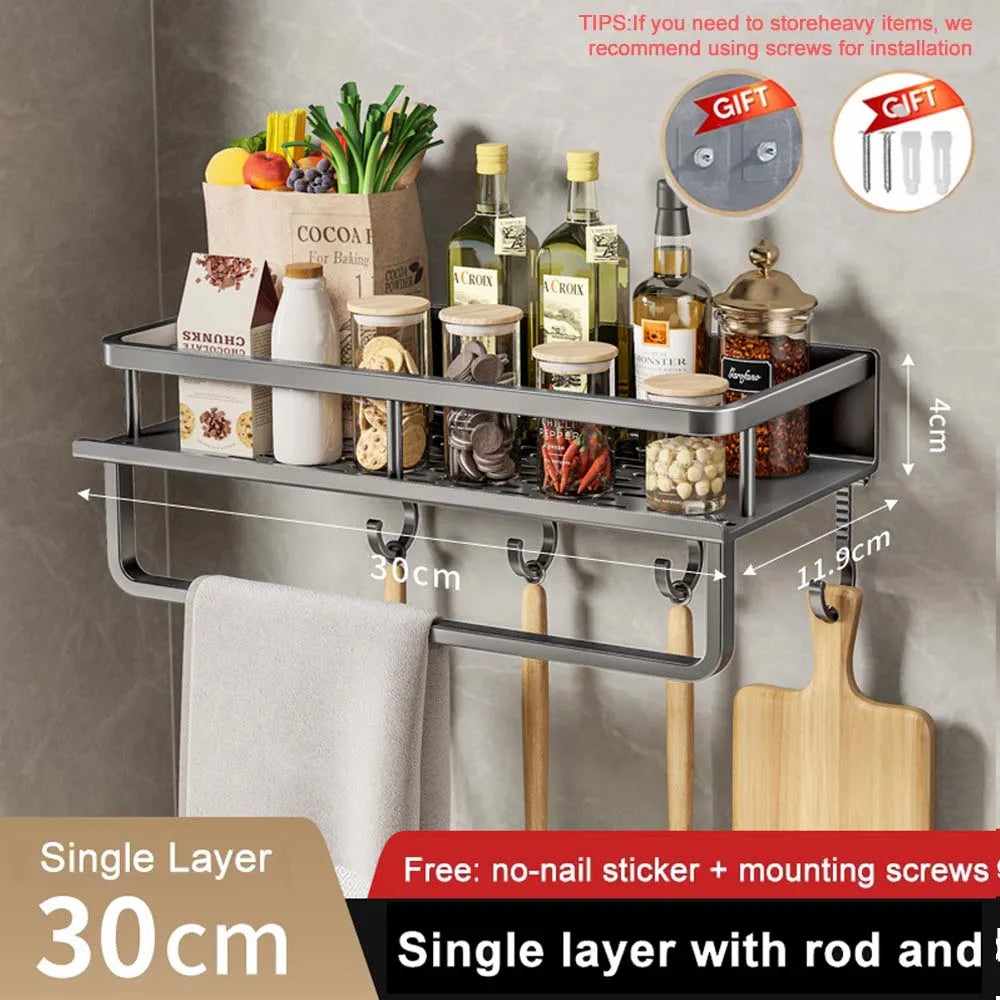 Wall-Mounted Kitchen Spice Rack Organizer Carbon Steel No Drilling 12-20 Inch Seasoning Holder Shelf for Easy Access to Spices