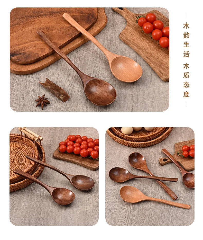 New Japanese Wooden Spoon Long Handle Large Round Soup Spoon Multifunctional Portable Spoon Tableware for Kitchen Tool