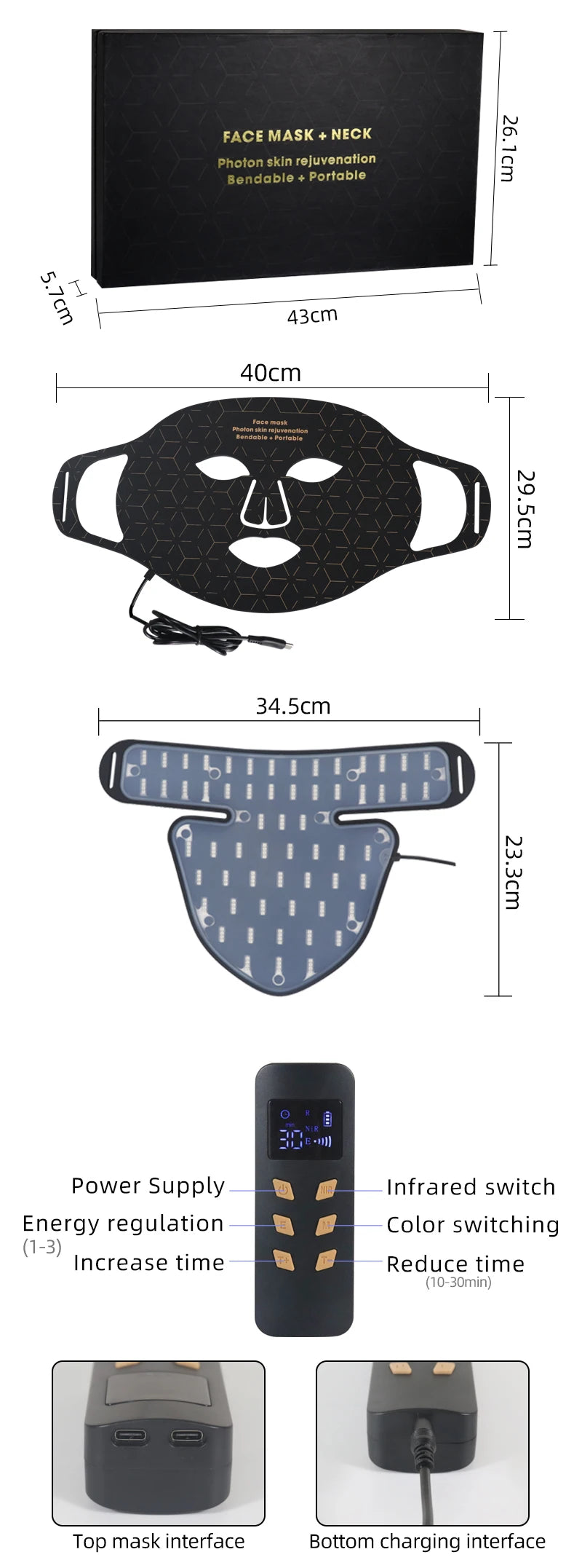 Led Red Light Therapy Facial Mask with Neck 4 Colors Silicone Infrared Red Light Therapy Face Mask for Skin Care Face Anti-aging