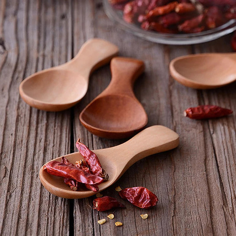 4Pcs Mini Wooden Spoons Small Kitchen Spice Condiment Spoon Sugar Tea Coffee Scoop Short Handle Wood Kids Spoon Kitchen Gadgets