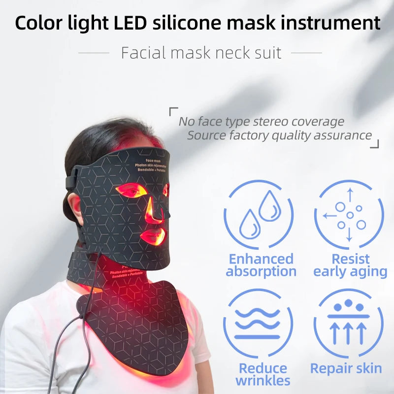 Led Red Light Therapy Facial Mask with Neck 4 Colors Silicone Infrared Red Light Therapy Face Mask for Skin Care Face Anti-aging