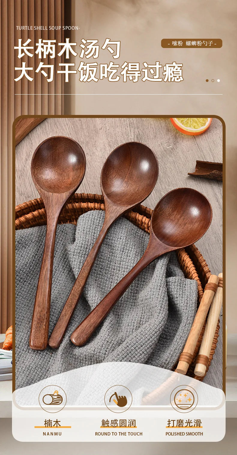 New Japanese Wooden Spoon Long Handle Large Round Soup Spoon Multifunctional Portable Spoon Tableware for Kitchen Tool