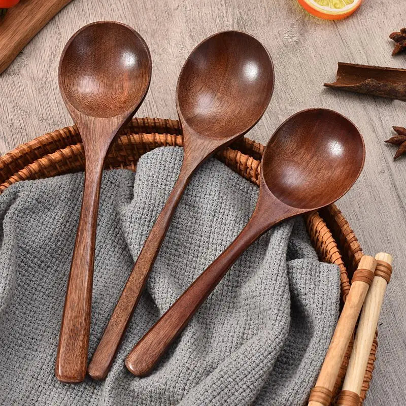 New Japanese Wooden Spoon Long Handle Large Round Soup Spoon Multifunctional Portable Spoon Tableware for Kitchen Tool