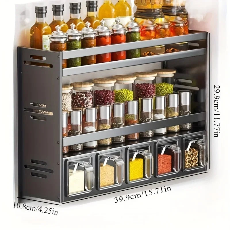 New Kitchen Spice Shelf Wall-mounted Spice Storage Rack Kitchen Seasoning Organizer Holder No Punching Required Storage Shelf