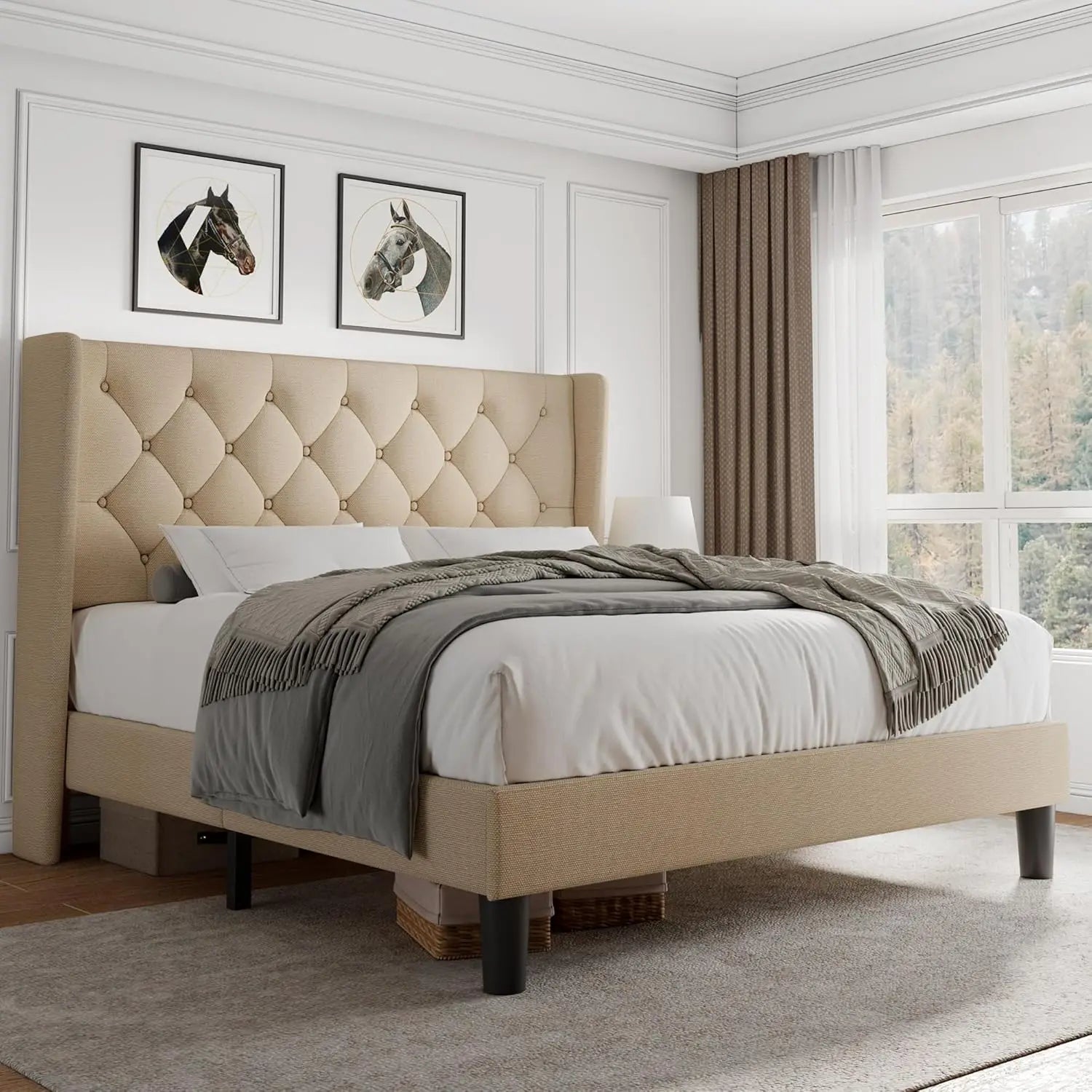 Queen Velvet Platform Bed Button Tufted Upholstered