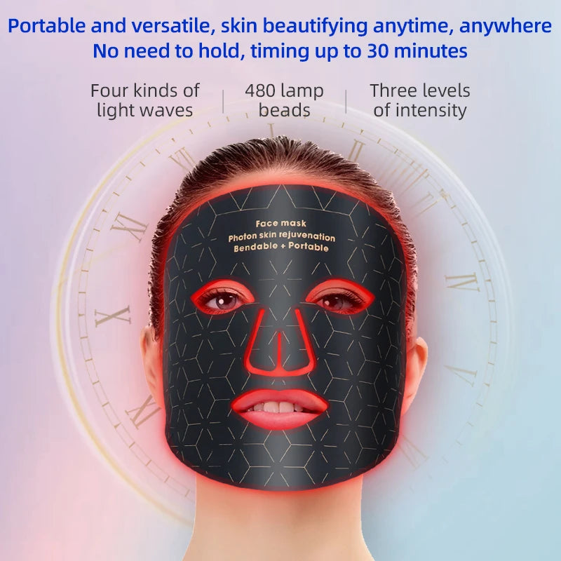 Led Red Light Therapy Facial Mask with Neck 4 Colors Silicone Infrared Red Light Therapy Face Mask for Skin Care Face Anti-aging