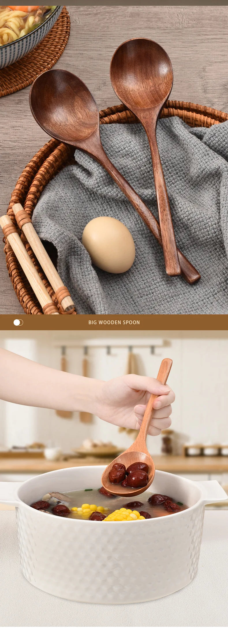 New Japanese Wooden Spoon Long Handle Large Round Soup Spoon Multifunctional Portable Spoon Tableware for Kitchen Tool