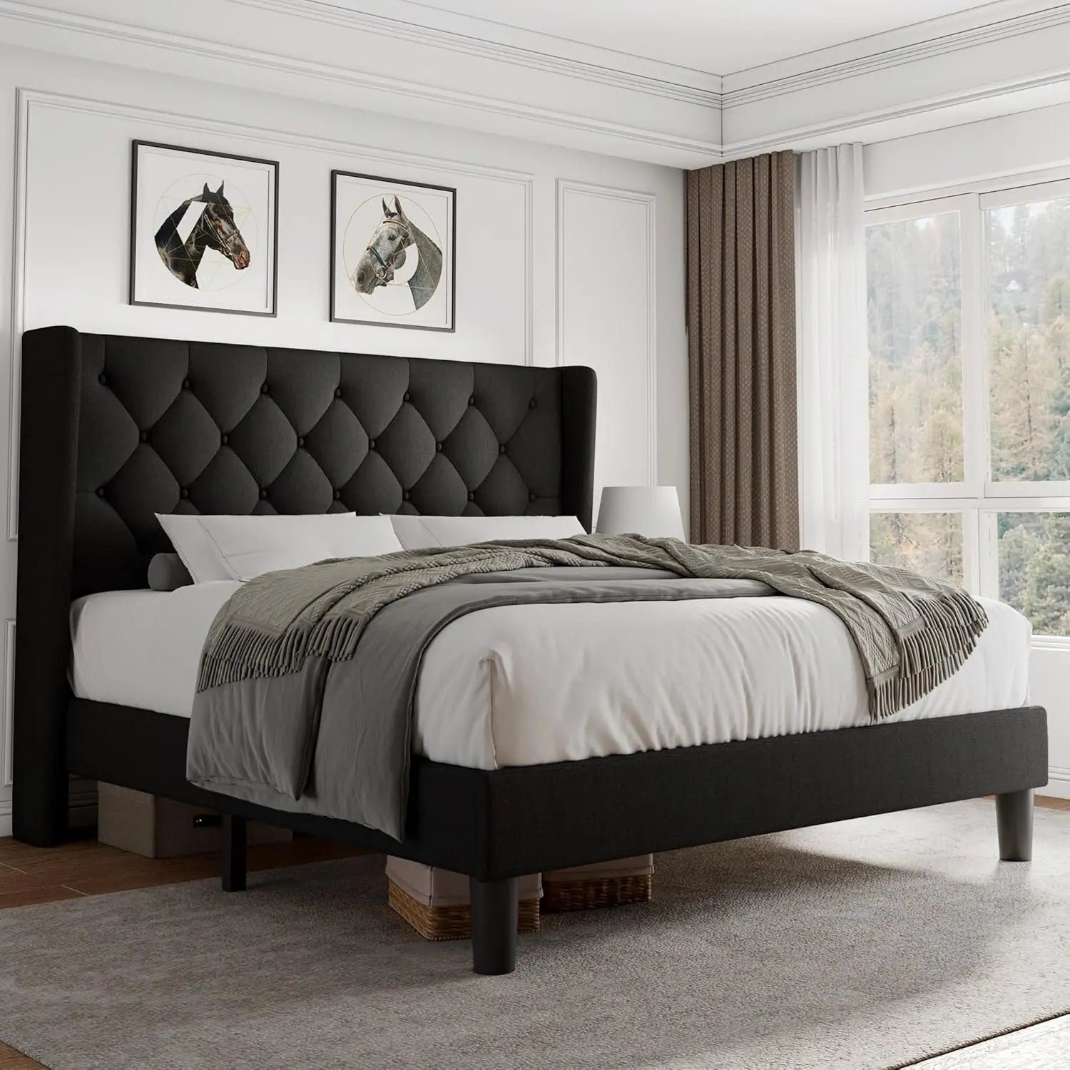 Queen Velvet Platform Bed Button Tufted Upholstered