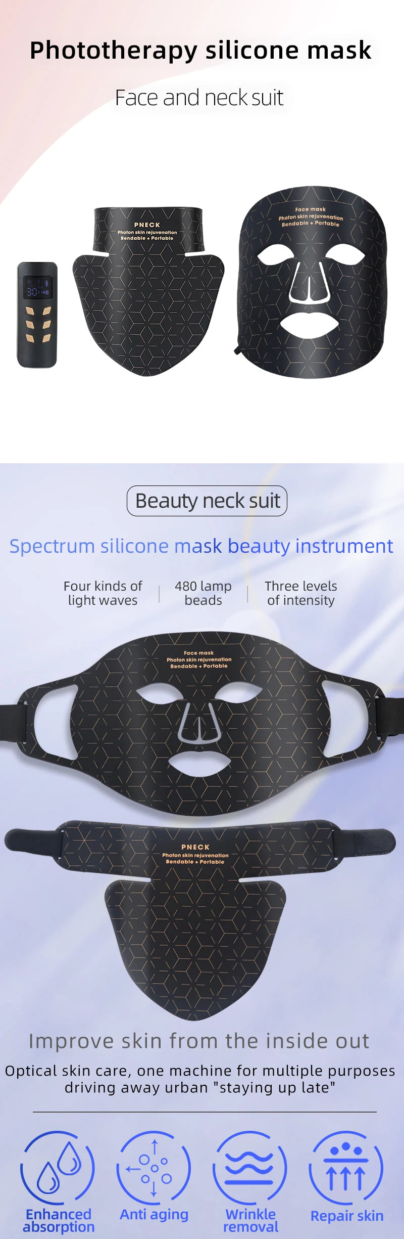 Led Red Light Therapy Facial Mask with Neck 4 Colors Silicone Infrared Red Light Therapy Face Mask for Skin Care Face Anti-aging