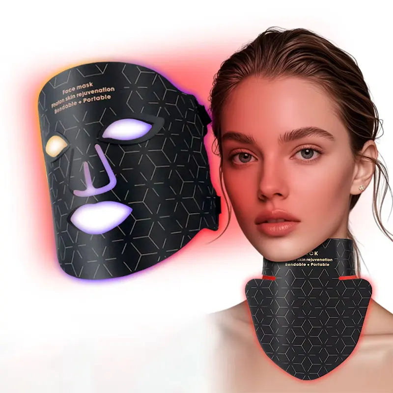 Led Red Light Therapy Facial Mask with Neck 4 Colors Silicone Infrared Red Light Therapy Face Mask for Skin Care Face Anti-aging