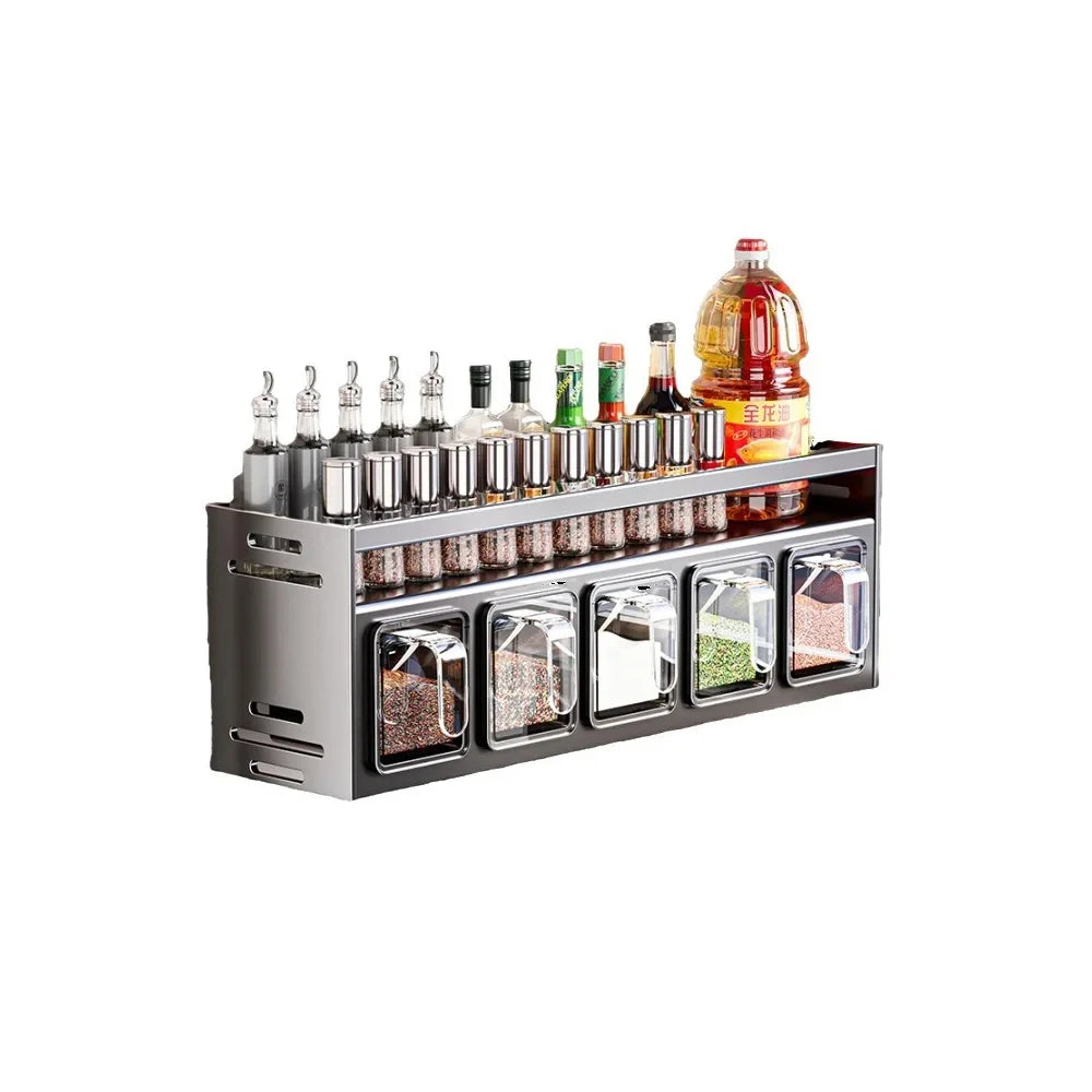 New Kitchen Spice Shelf Wall-mounted Spice Storage Rack Kitchen Seasoning Organizer Holder No Punching Required Storage Shelf