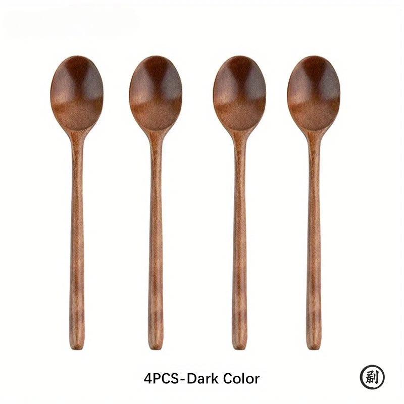 4PCS Wooden Spoon Kitchen Korean Style Natural Wood Soup Tableware Cooking Honey Coffee Spoon Mixing Spoon