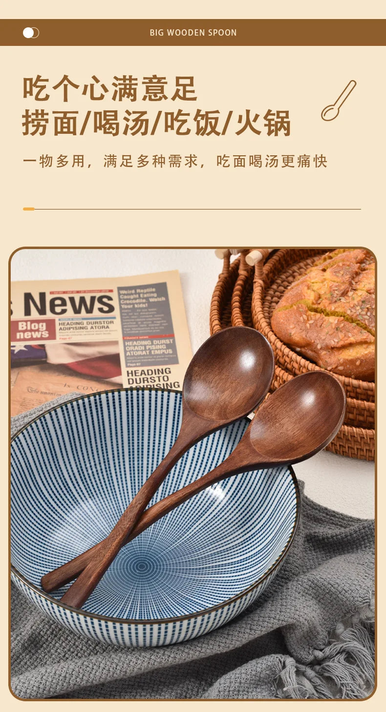 New Japanese Wooden Spoon Long Handle Large Round Soup Spoon Multifunctional Portable Spoon Tableware for Kitchen Tool