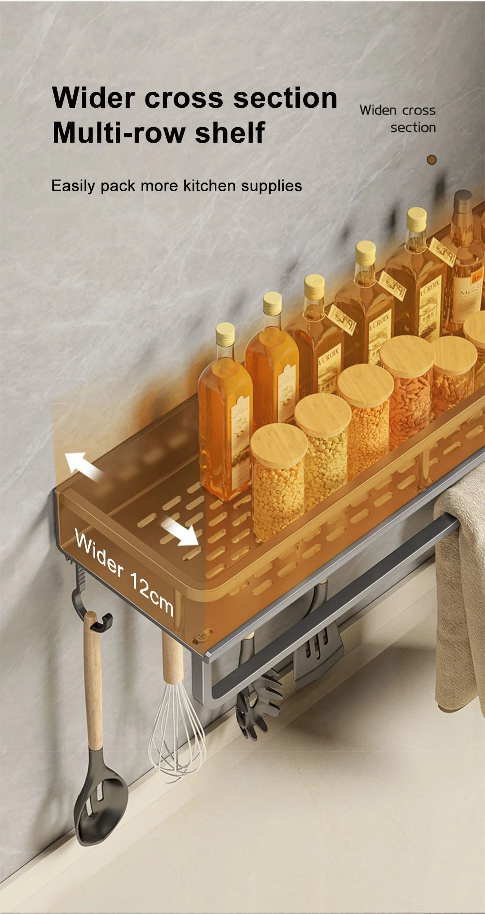 Wall-Mounted Kitchen Spice Rack Organizer Carbon Steel No Drilling 12-20 Inch Seasoning Holder Shelf for Easy Access to Spices