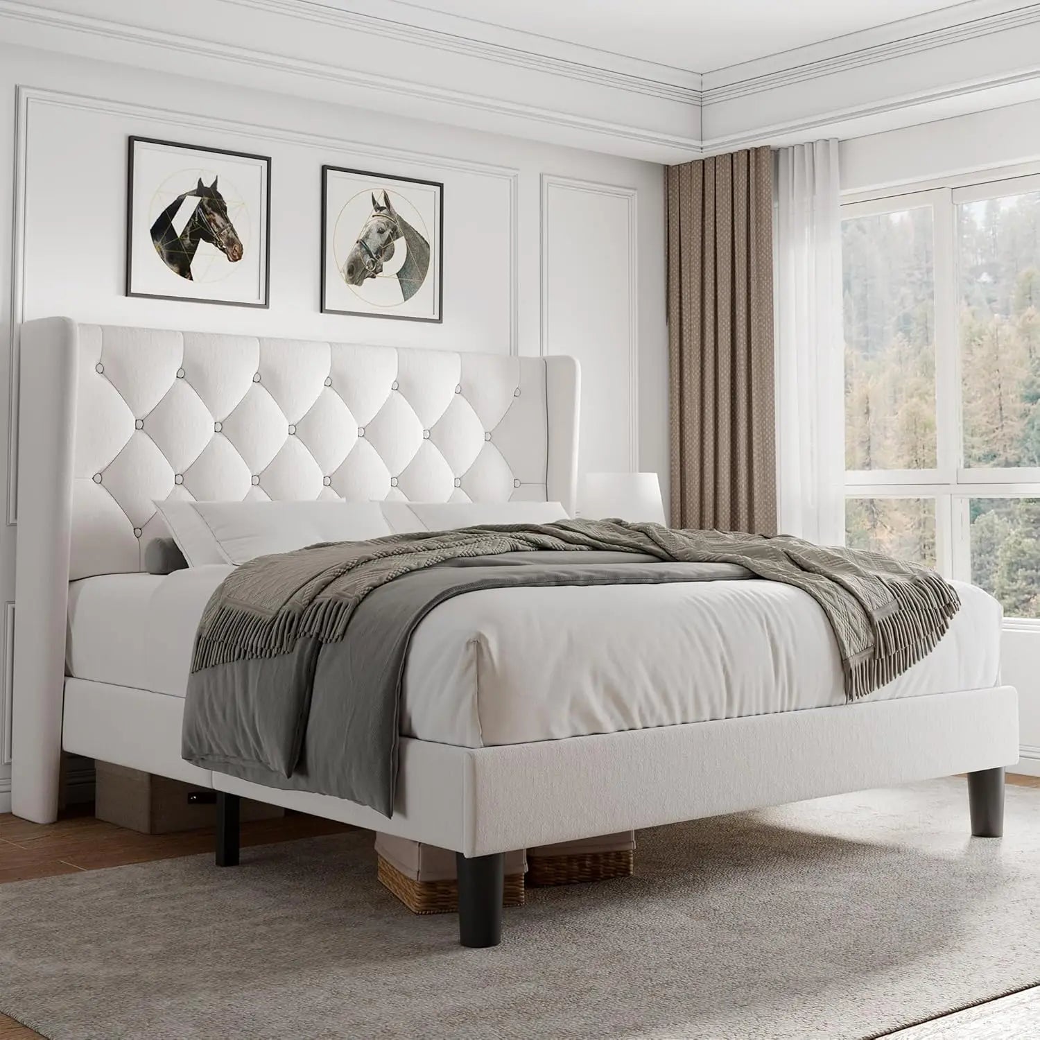 Queen Velvet Platform Bed Button Tufted Upholstered