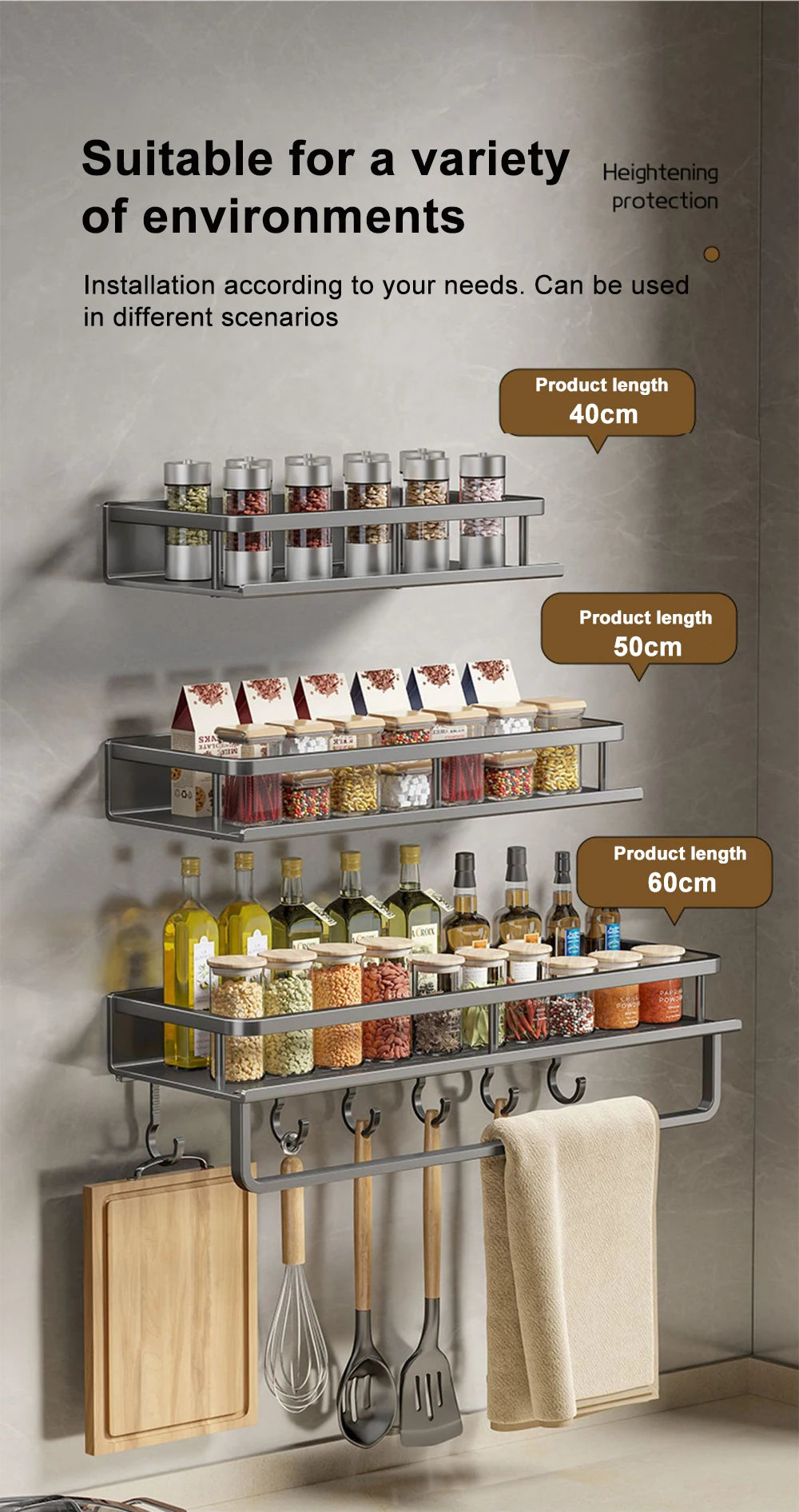 Wall-Mounted Kitchen Spice Rack Organizer Carbon Steel No Drilling 12-20 Inch Seasoning Holder Shelf for Easy Access to Spices