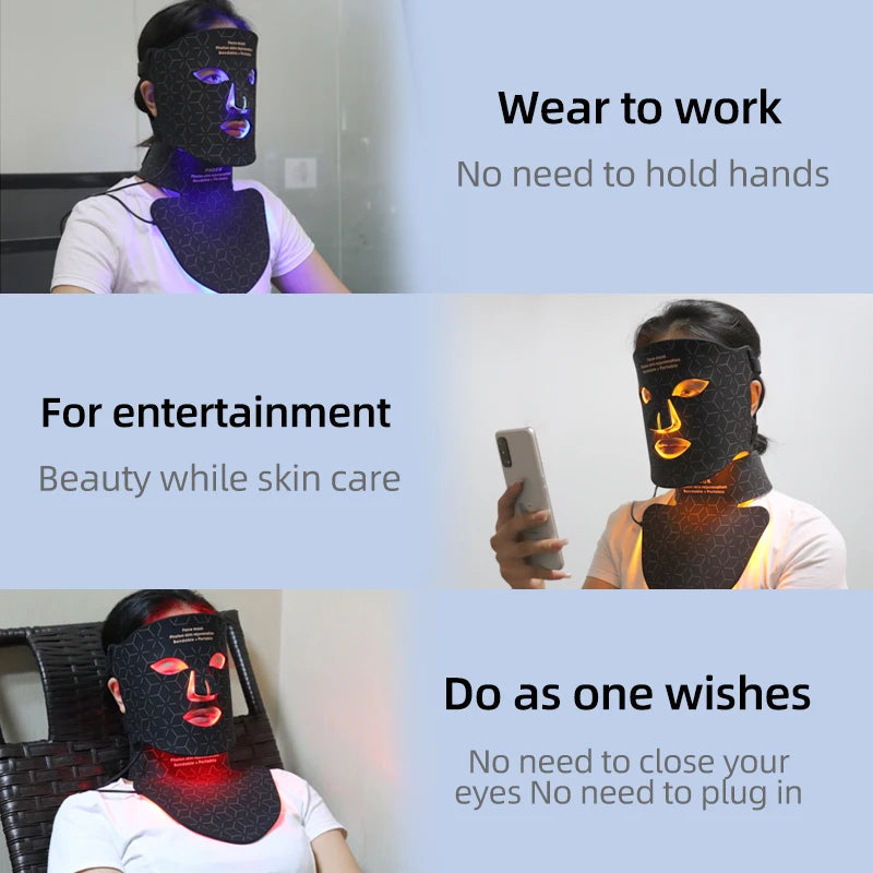 Led Red Light Therapy Facial Mask with Neck 4 Colors Silicone Infrared Red Light Therapy Face Mask for Skin Care Face Anti-aging